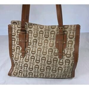 Etienne Aigner Vintage Monogram Tote Bag Purse Canvas and Leather Brown